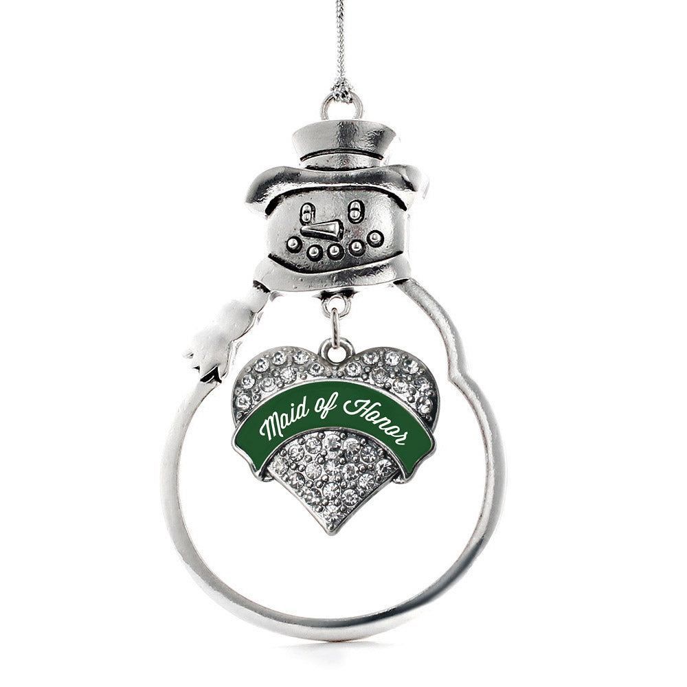 Silver Forest Green Maid of Honor Pave Heart Charm Snowman Ornament