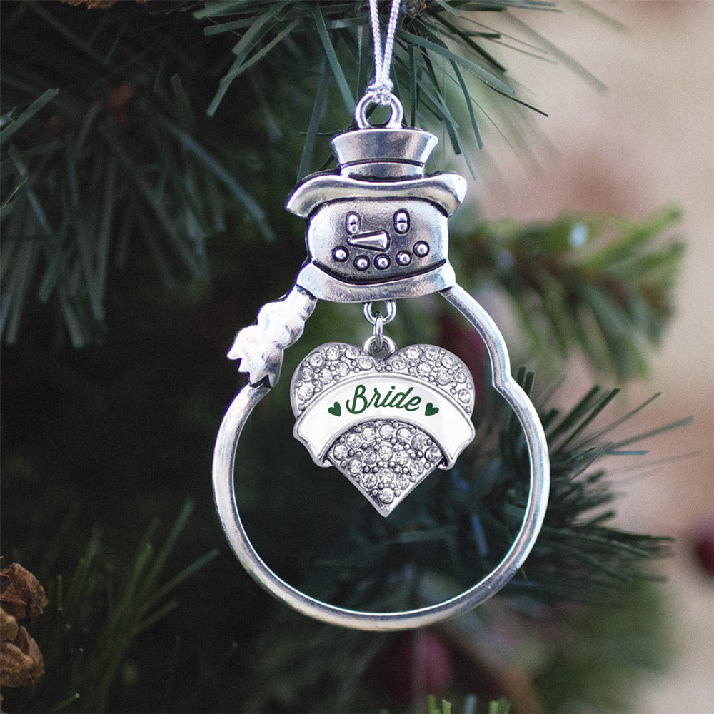 Silver Forest Green Bride Pave Heart Charm Snowman Ornament