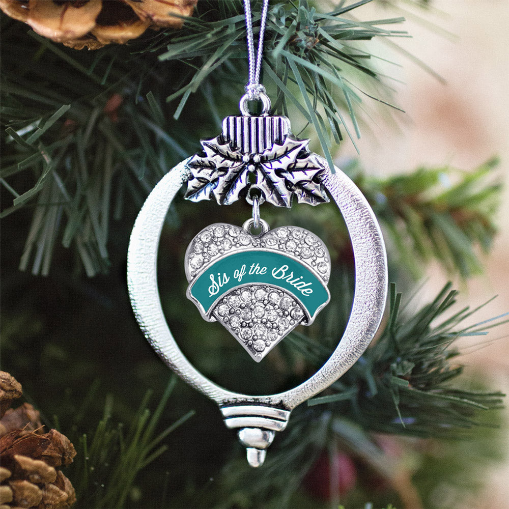 Silver Dark Teal Sis of Bride Pave Heart Charm Holiday Ornament