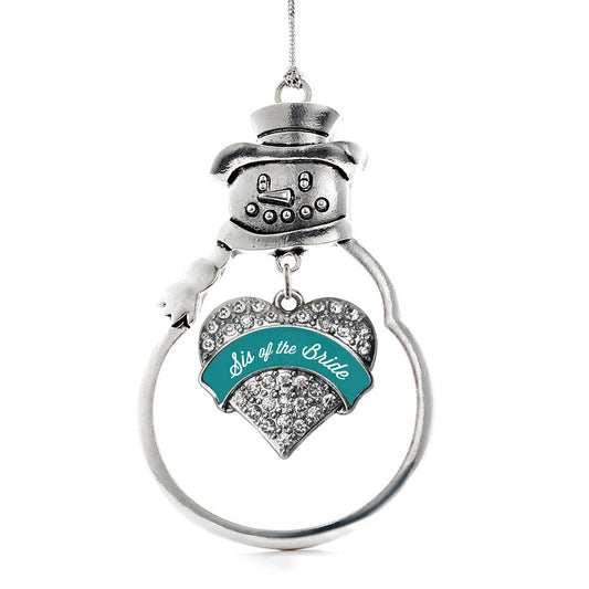 Silver Dark Teal Sis of Bride Pave Heart Charm Snowman Ornament