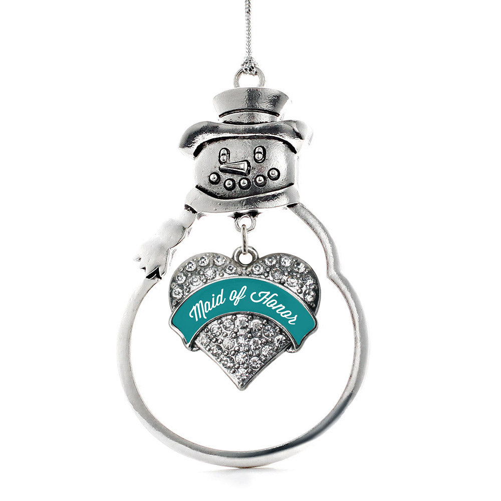Silver Dark Teal Maid of Honor Pave Heart Charm Snowman Ornament