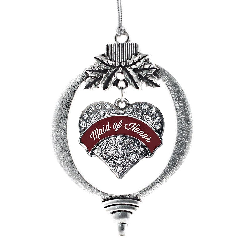 Silver Burgundy Maid of Honor Pave Heart Charm Holiday Ornament