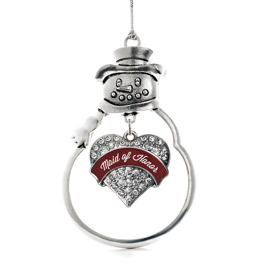 Silver Burgundy Maid of Honor Pave Heart Charm Snowman Ornament