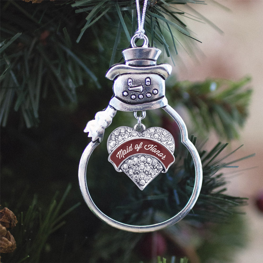 Silver Burgundy Maid of Honor Pave Heart Charm Snowman Ornament