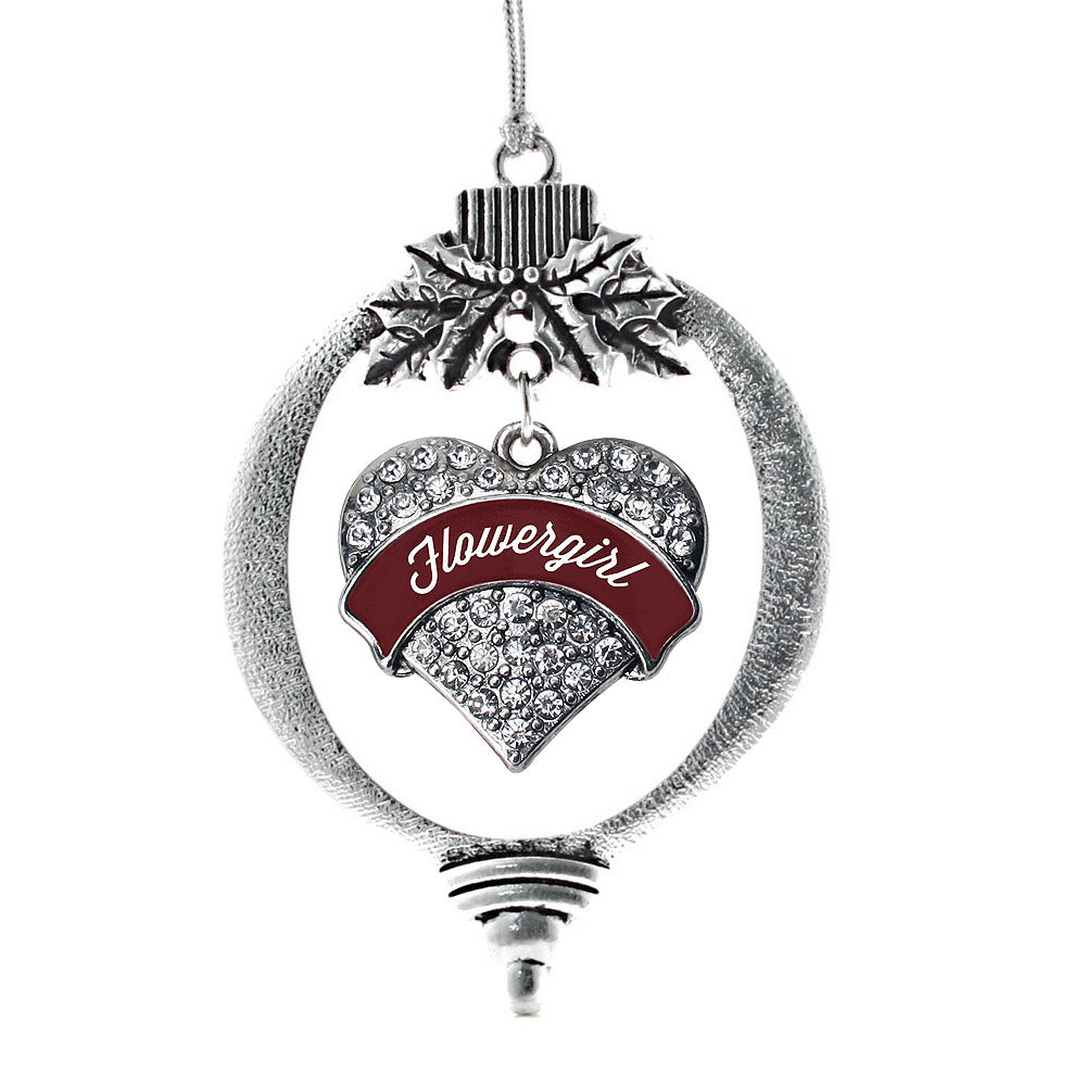 Silver Burgundy Flower Girl Pave Heart Charm Holiday Ornament