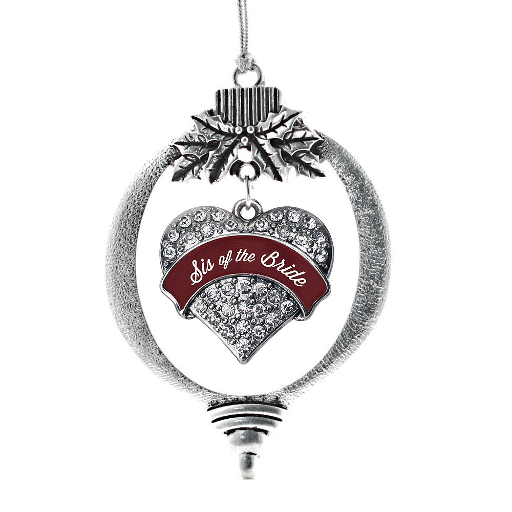 Silver Burgundy Sis of the Bride Pave Heart Charm Holiday Ornament