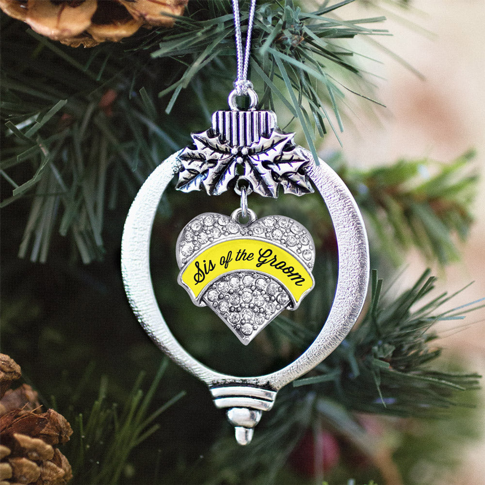 Silver Yellow Sis of the Groom Pave Heart Charm Holiday Ornament