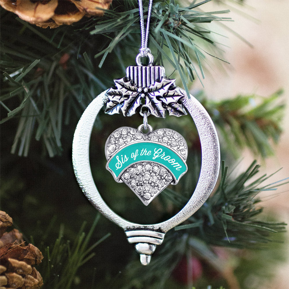Silver Teal Sis of the Groom Pave Heart Charm Holiday Ornament