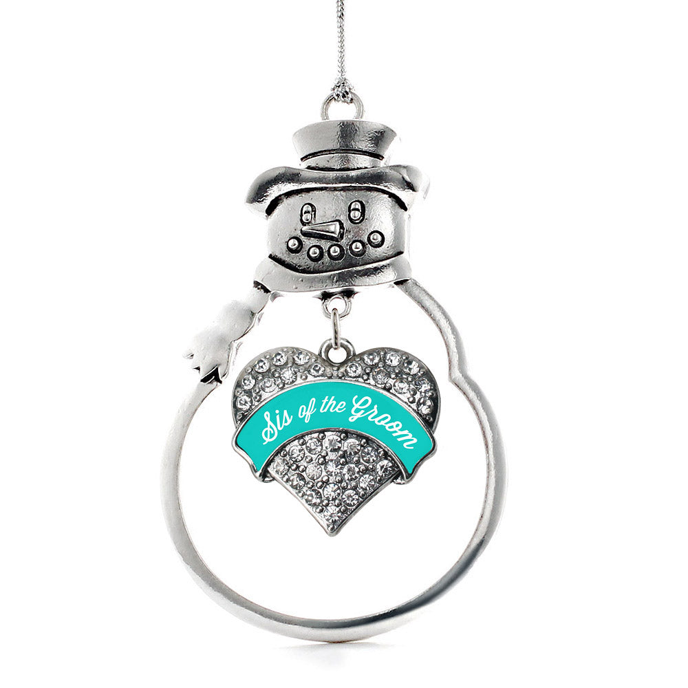 Silver Teal Sis of the Groom Pave Heart Charm Snowman Ornament