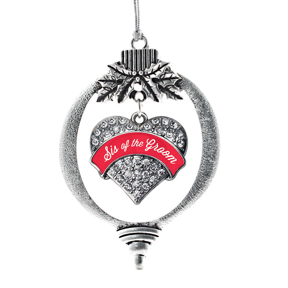 Silver Red Sis of the Groom Pave Heart Charm Holiday Ornament