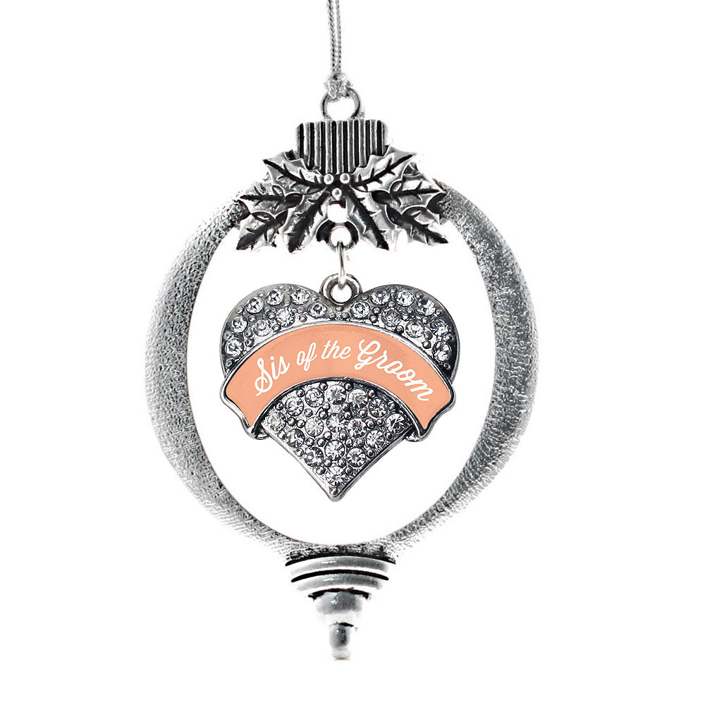Silver Peach Sis of the Groom Pave Heart Charm Holiday Ornament
