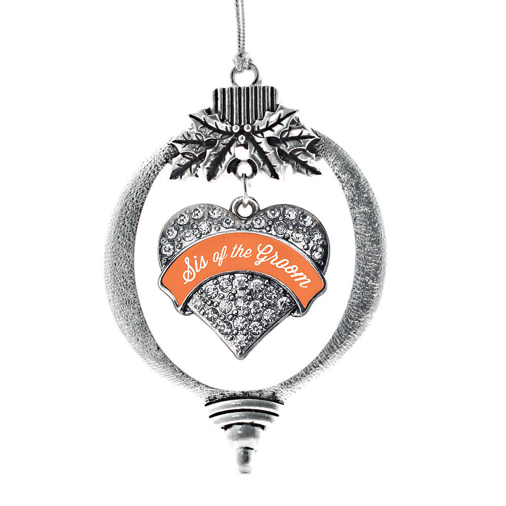 Silver Orange Sis of the Groom Pave Heart Charm Holiday Ornament