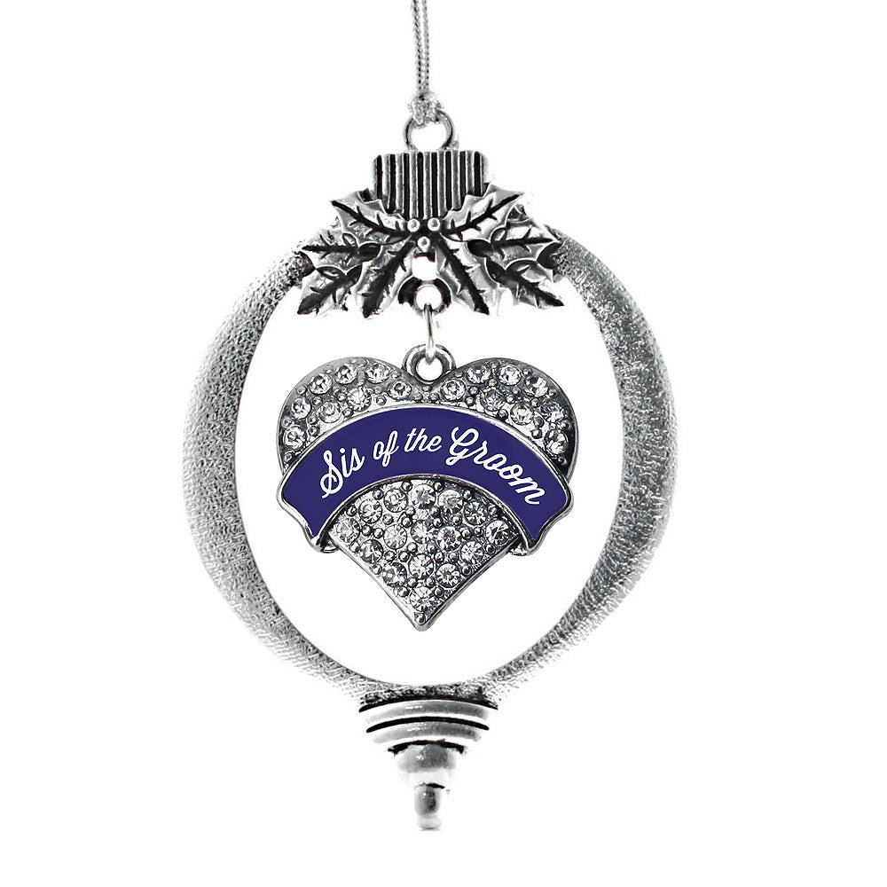 Silver Navy Blue Sis of the Groom Pave Heart Charm Holiday Ornament