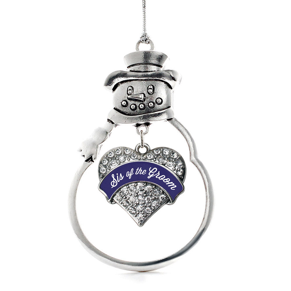 Silver Navy Blue Sis of the Groom Pave Heart Charm Snowman Ornament