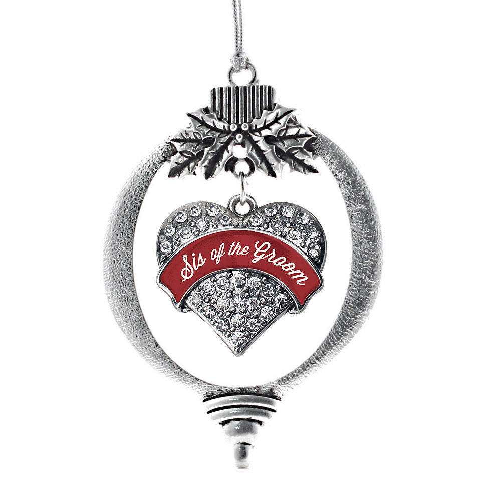 Silver Crimson Red Sis of the Groom Pave Heart Charm Holiday Ornament