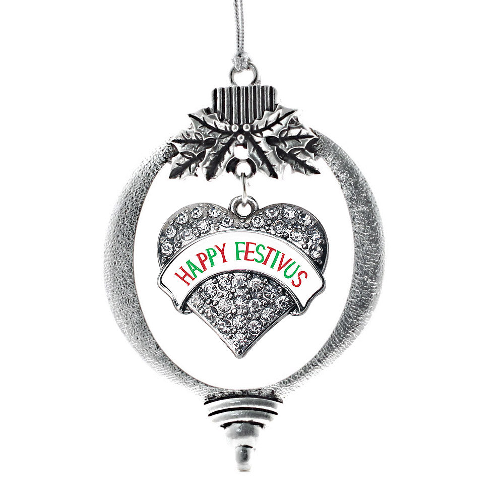 Silver Happy Festivus Pave Heart Charm Holiday Ornament