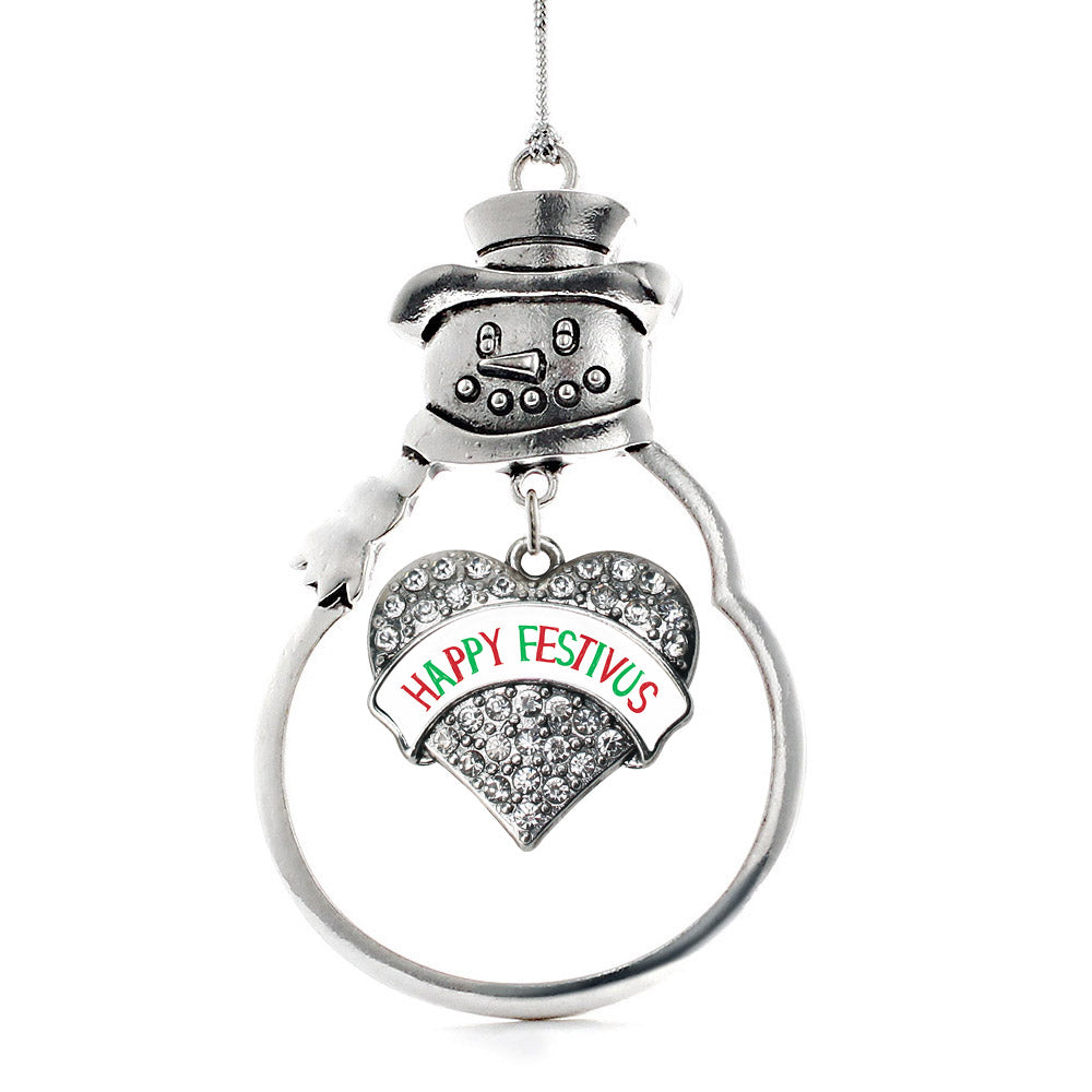 Silver Happy Festivus Pave Heart Charm Snowman Ornament
