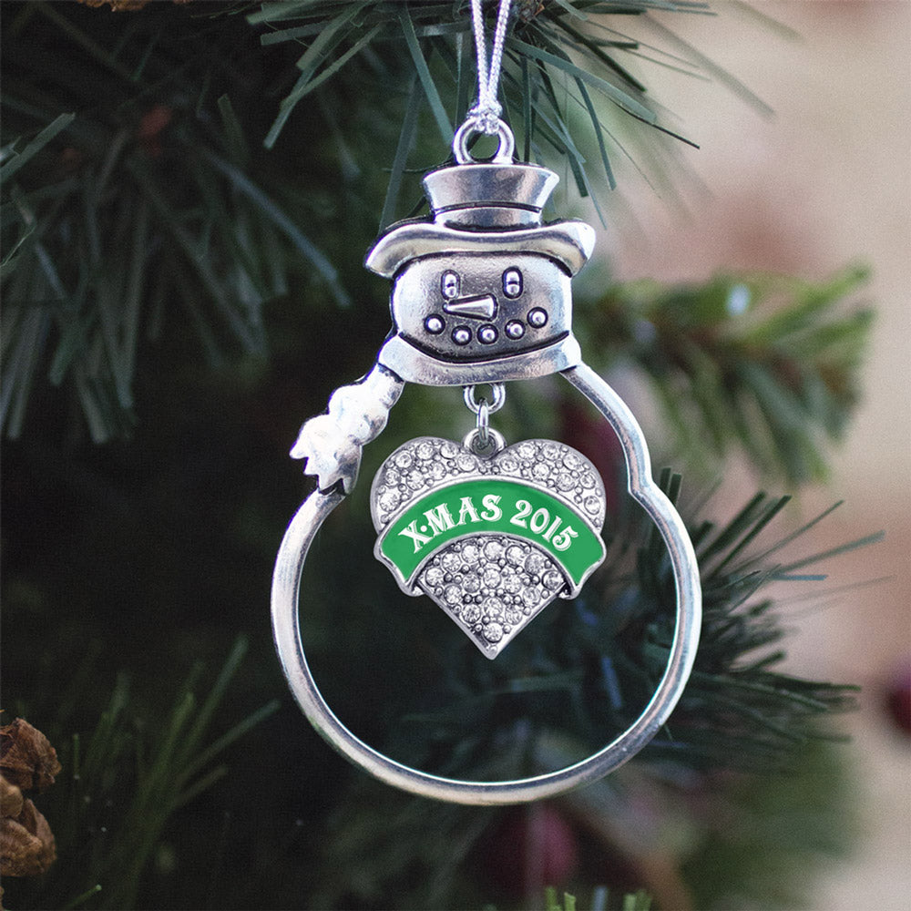 Silver Green Banner X-Mas 2016 Pave Heart Charm Snowman Ornament