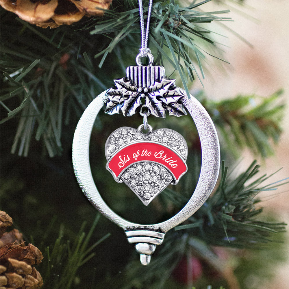 Silver Red Sis of the Bride Pave Heart Charm Holiday Ornament