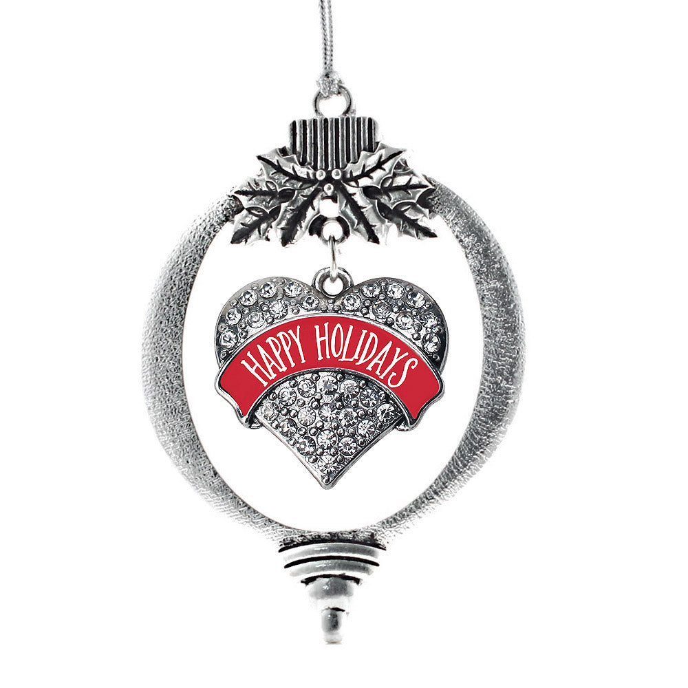 Silver Red Banner Happy Holidays Pave Heart Charm Holiday Ornament