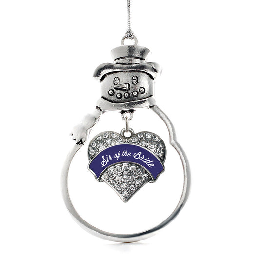 Silver Navy Blue Sis of the Bride Pave Heart Charm Snowman Ornament