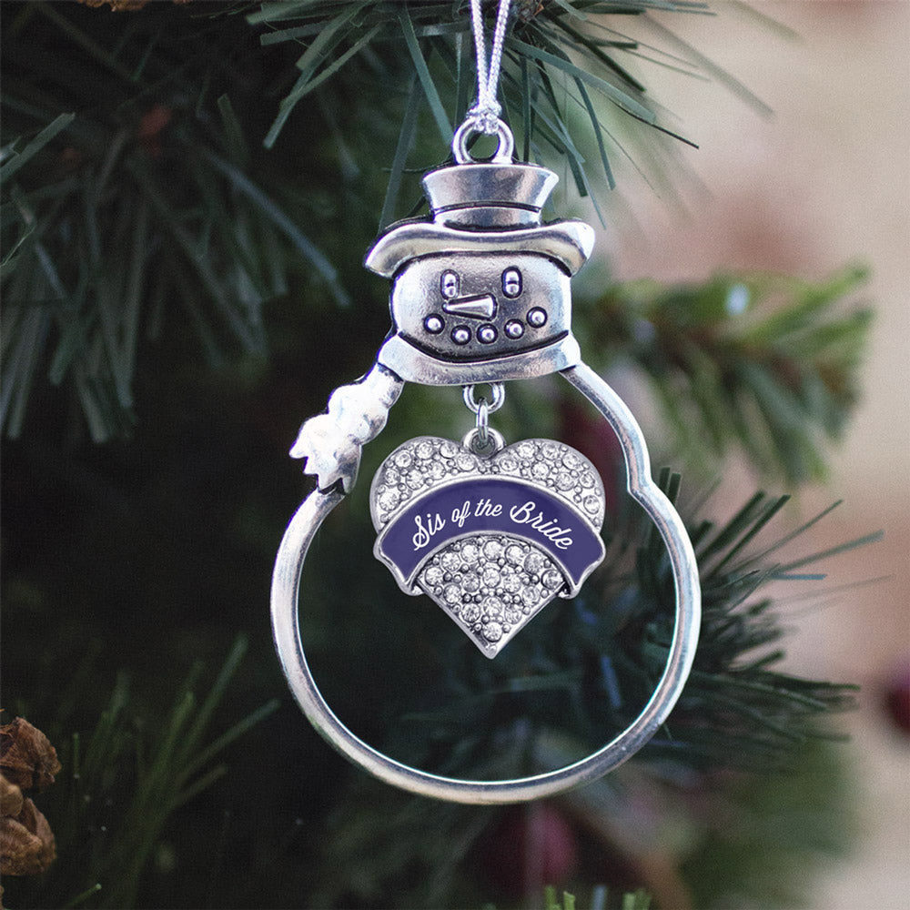Silver Navy Blue Sis of the Bride Pave Heart Charm Snowman Ornament