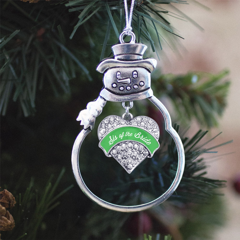 Silver Emerald Green Sis of the Bride Pave Heart Charm Snowman Ornament