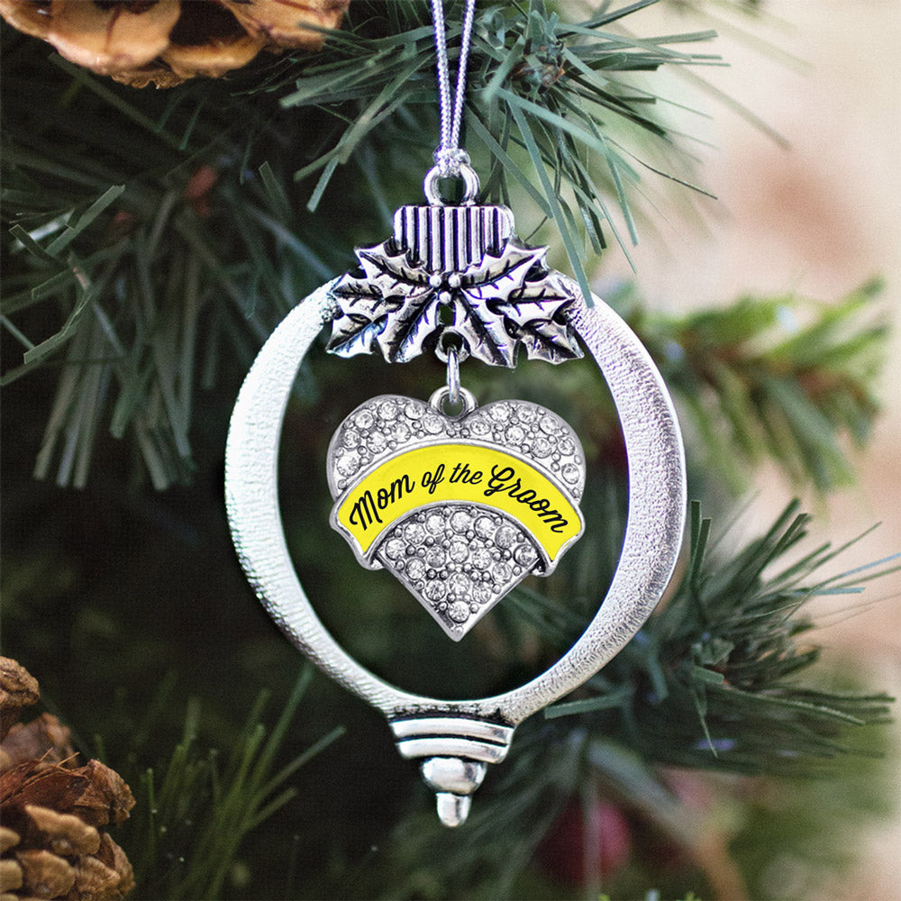 Silver Yellow Mom of the Groom Pave Heart Charm Holiday Ornament