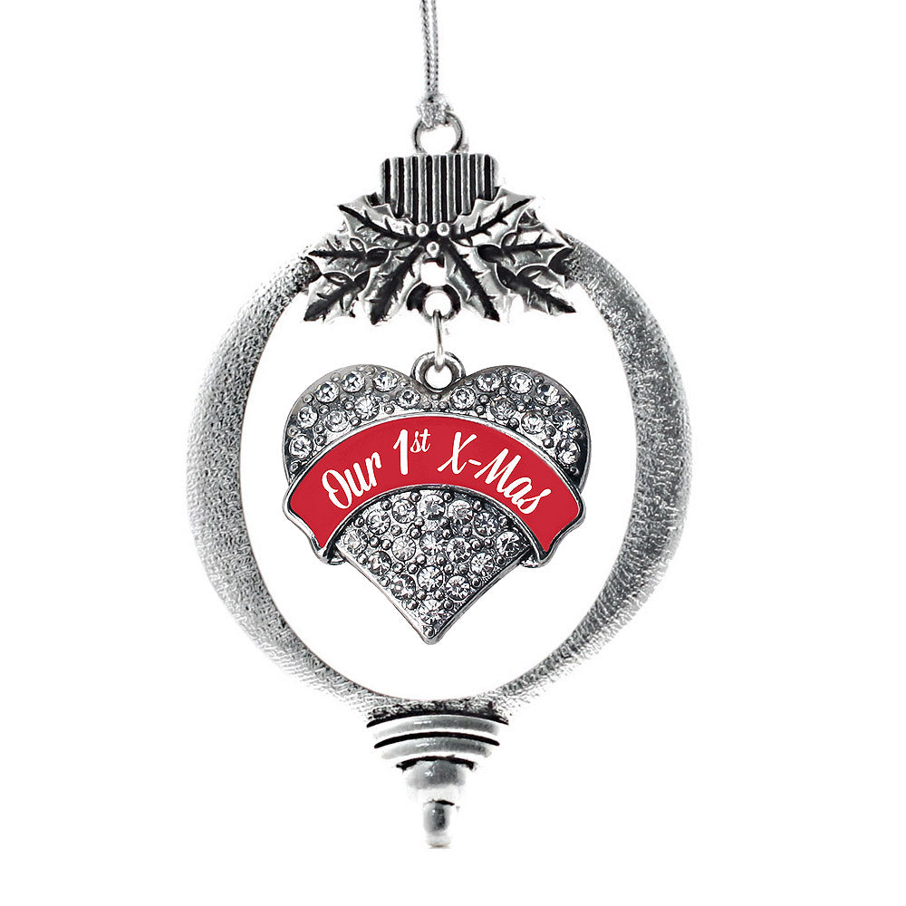 Silver Red Our First X-Mas Pave Heart Charm Holiday Ornament