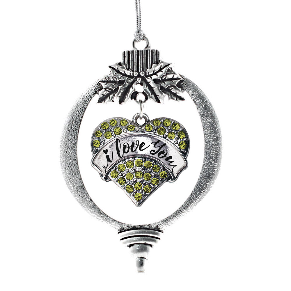 Silver I Love You Handwritten Script Green Green Pave Heart Charm Holiday Ornament