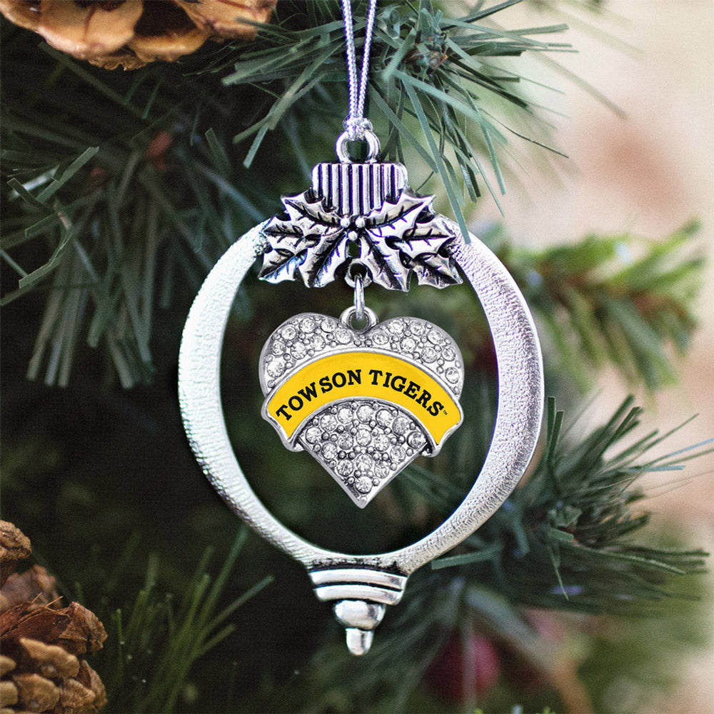 Silver Towson University Tigers [NCAA] Pave Heart Charm Holiday Ornament