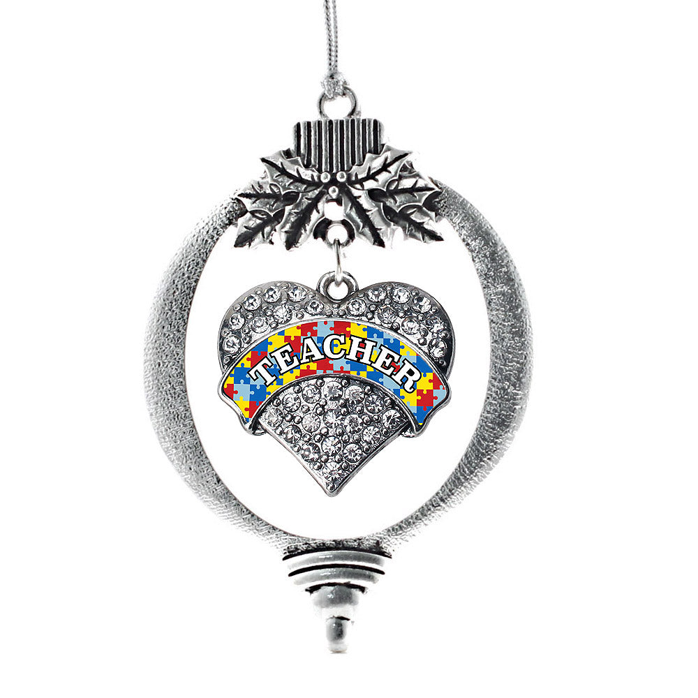 Silver Autism Teacher Pave Heart Charm Holiday Ornament