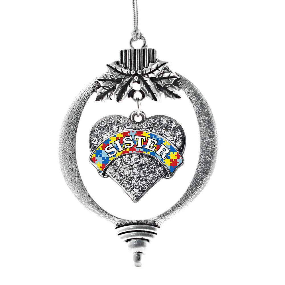 Silver Autism Sister Pave Heart Charm Holiday Ornament