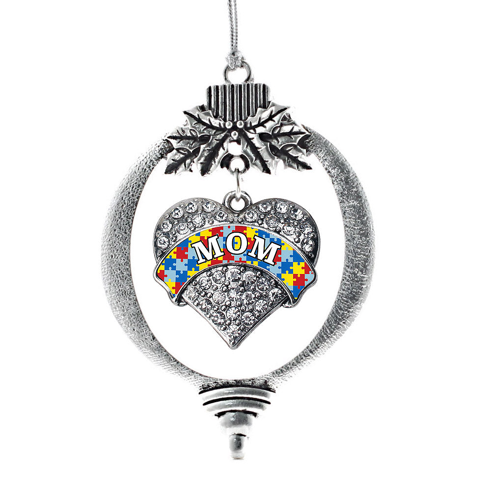 Silver Autism Mom Pave Heart Charm Holiday Ornament