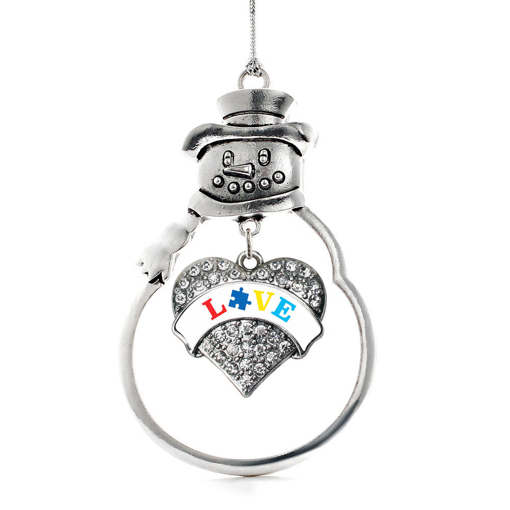 Silver Autism Love Pave Heart Charm Snowman Ornament