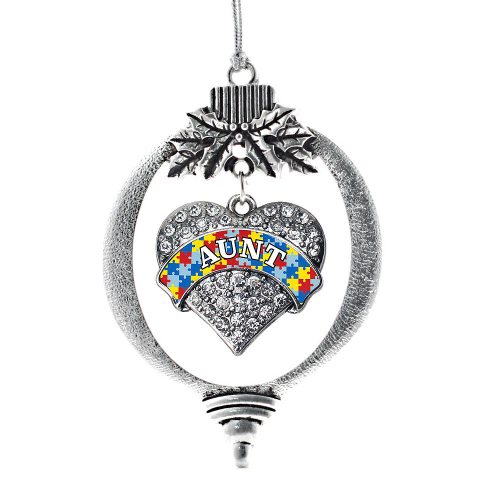 Silver Autism Aunt Pave Heart Charm Holiday Ornament