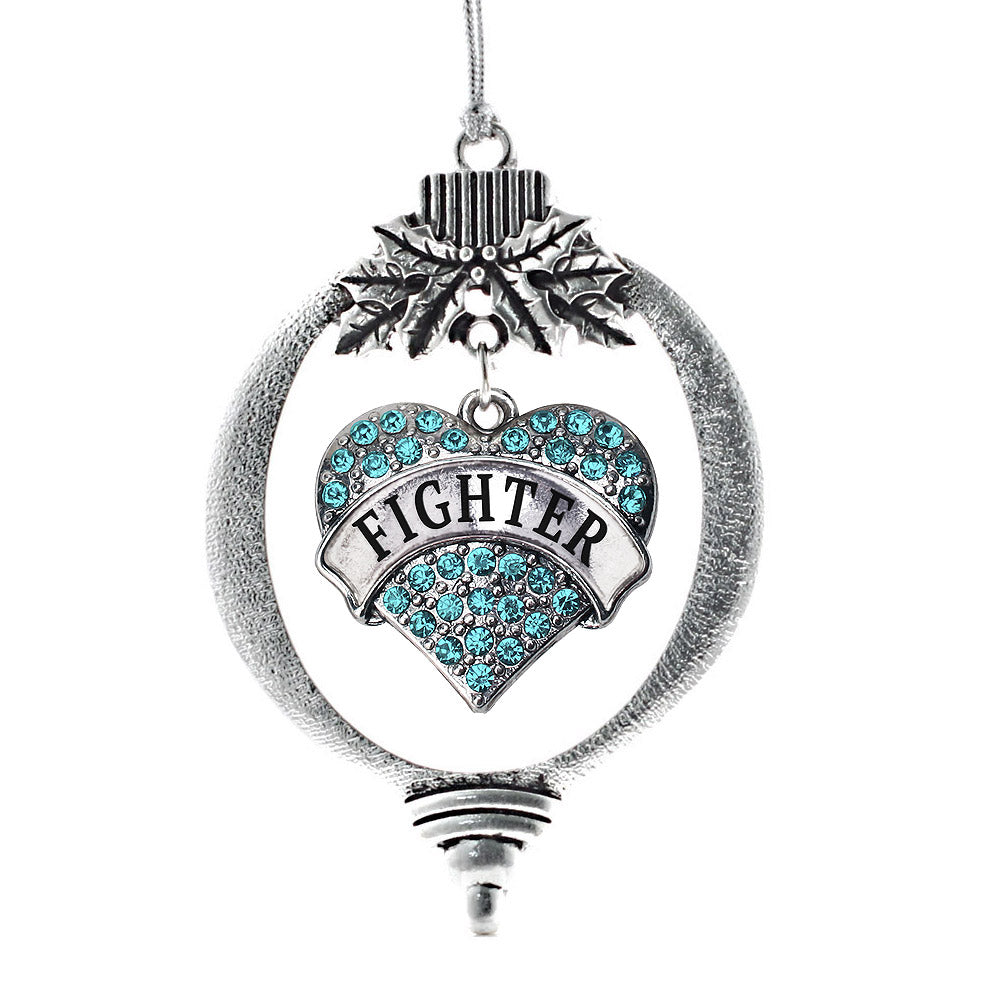 Silver Teal Fighter Aqua Pave Heart Charm Holiday Ornament