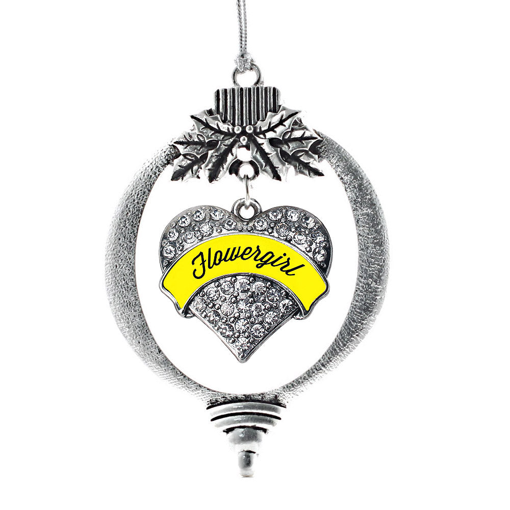 Silver Yellow Flower Girl Pave Heart Charm Holiday Ornament