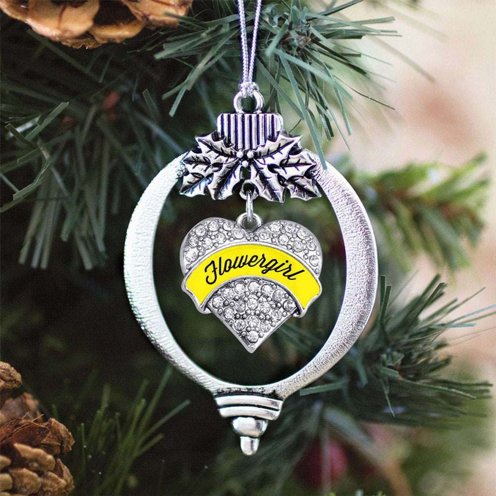 Silver Yellow Flower Girl Pave Heart Charm Holiday Ornament
