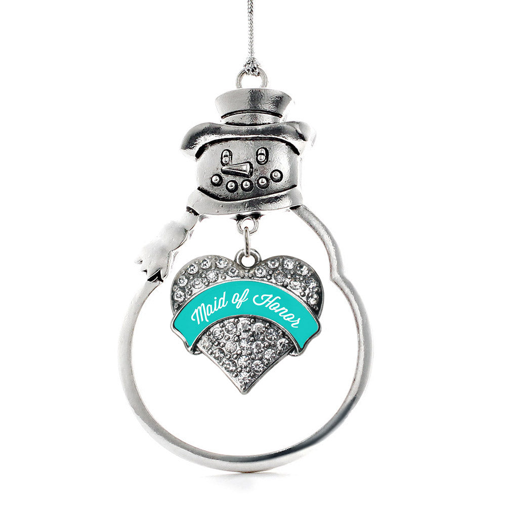 Silver Teal Maid of Honor Pave Heart Charm Snowman Ornament