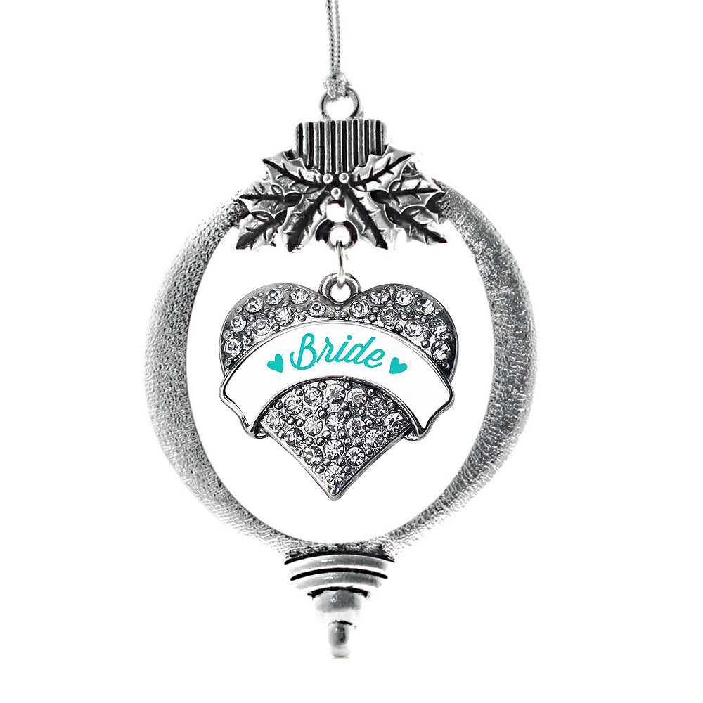 Silver Teal Bride Pave Heart Charm Holiday Ornament