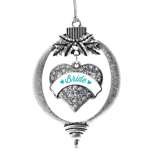 Silver Teal Bride Pave Heart Charm Holiday Ornament