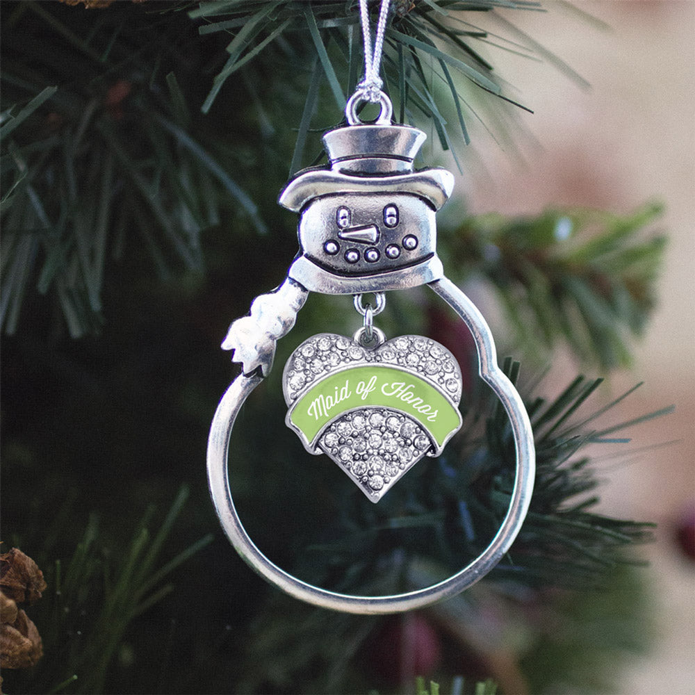 Silver Sage Green Maid of Honor Pave Heart Charm Snowman Ornament