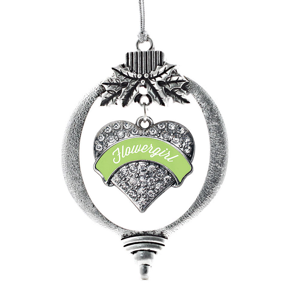 Silver Sage Green Flower Girl Pave Heart Charm Holiday Ornament