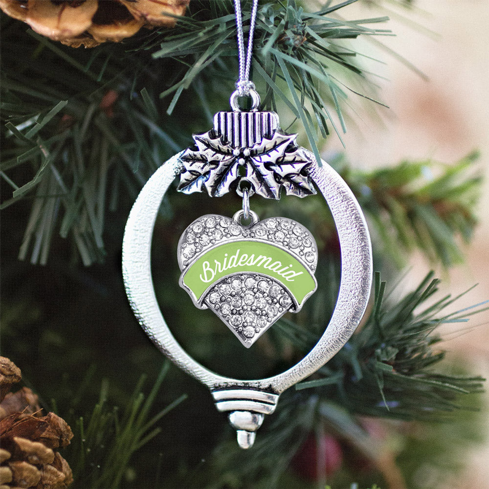 Silver Sage Green Bridesmaid Pave Heart Charm Holiday Ornament