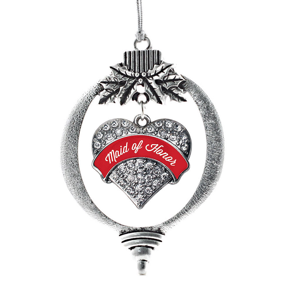 Silver Red Maid of Honor Pave Heart Charm Holiday Ornament