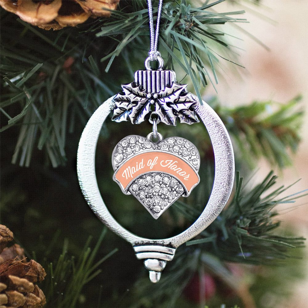 Silver Peach Maid of Honor Pave Heart Charm Holiday Ornament