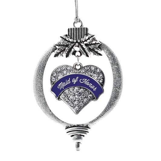 Silver Navy Blue Maid of Honor Pave Heart Charm Holiday Ornament
