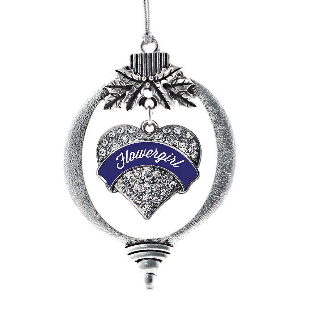 Silver Navy Blue Flower Girl Pave Heart Charm Holiday Ornament