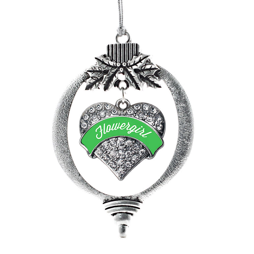 Silver Emerald Green Flower Girl Pave Heart Charm Holiday Ornament